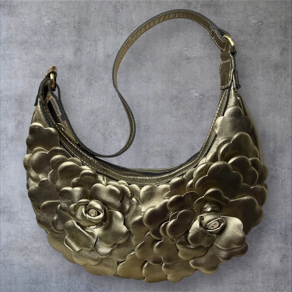 Patricia Nash Coley Antique Gold 3D Rose Petal Crescent Shoulder Bag Retired Y2K